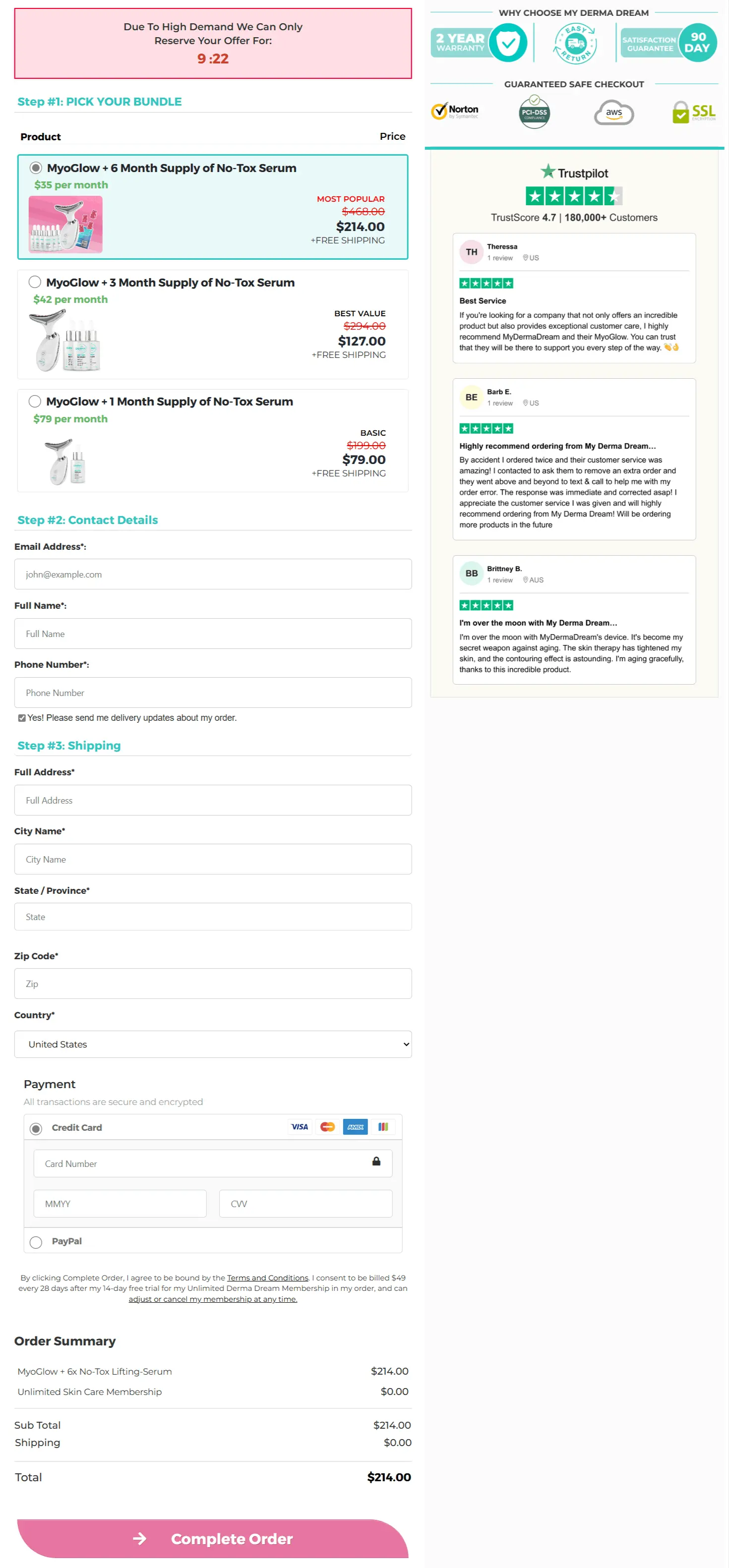 MyoGlow secure checkout page